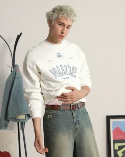Nude Project Sudadera Sin Capucha Varsity Blanco Crema New