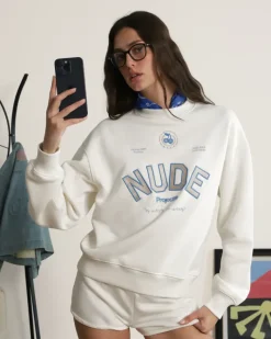 Nude Project Sudadera Sin Capucha Varsity Blanco Crema New