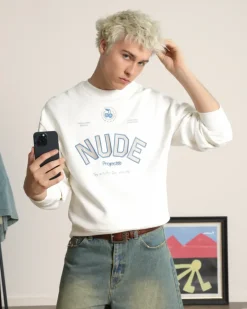 Nude Project Sudadera Sin Capucha Varsity Blanco Crema New