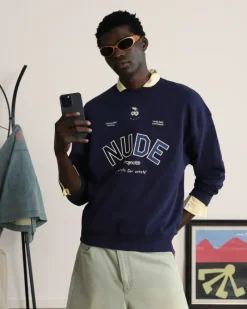 Nude Project Sudadera Sin Capucha Varsity Azul Marino New